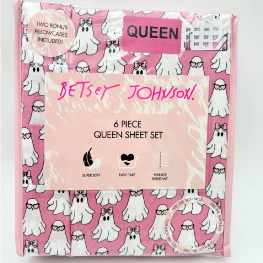 Betsey Johnson HEY BOO PINK Ghostie Bow Queen Sheet 6 Piece Set